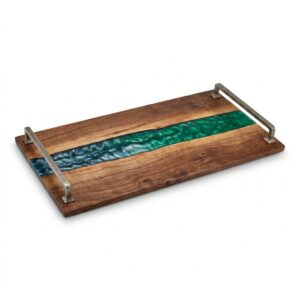 Walnut and blue-green epoxy river serving board on white background