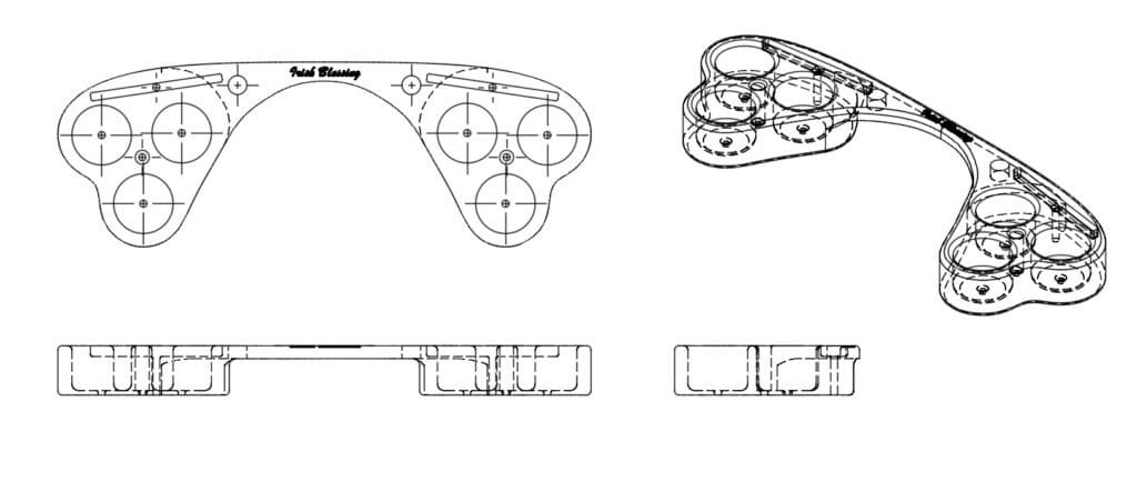 Technical engineering drawings showing top view, isometric, and cross-sections of the custom helm console