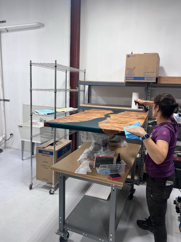 Applying finish to a custom epoxy river table surface