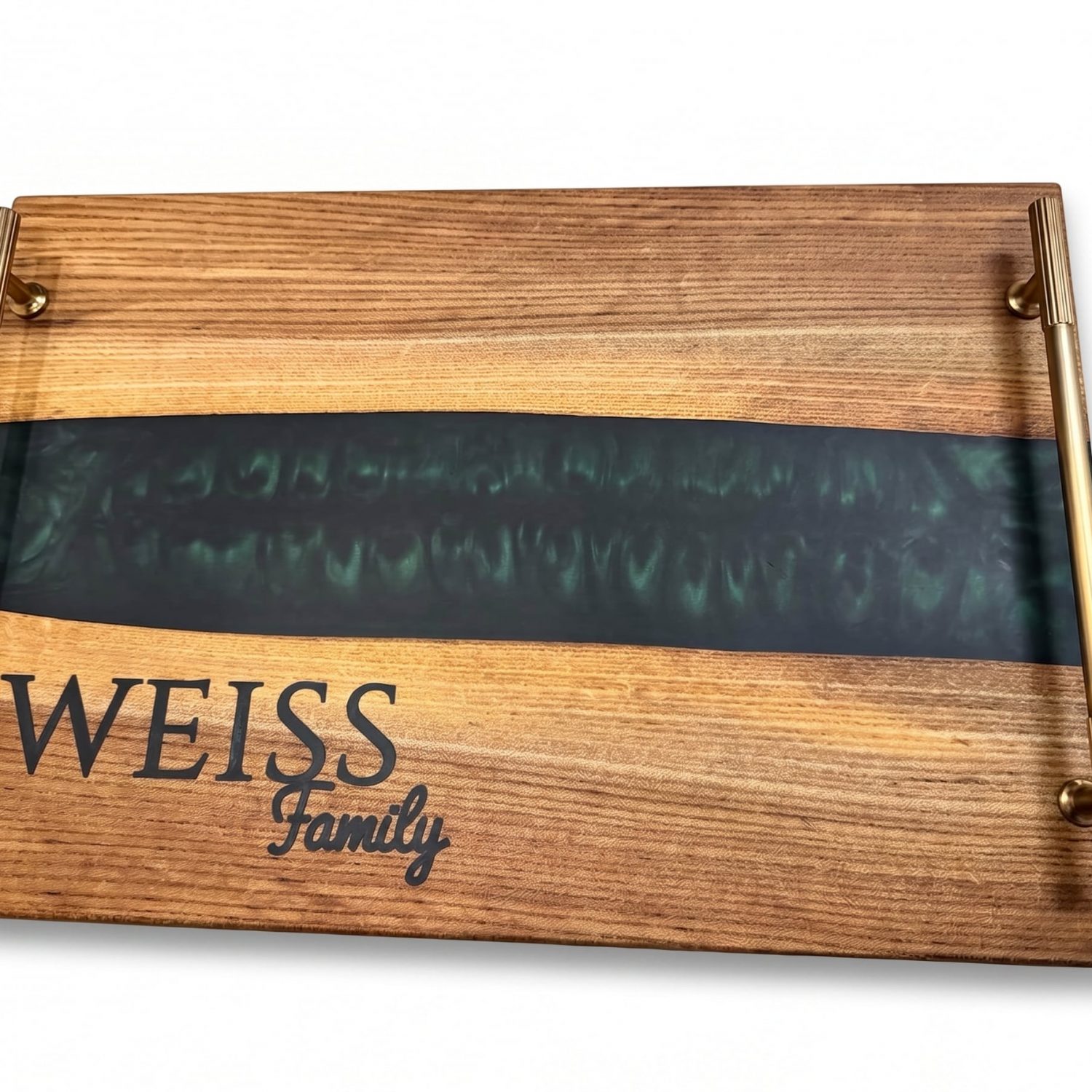 Personalized epoxy river serving tray on white background