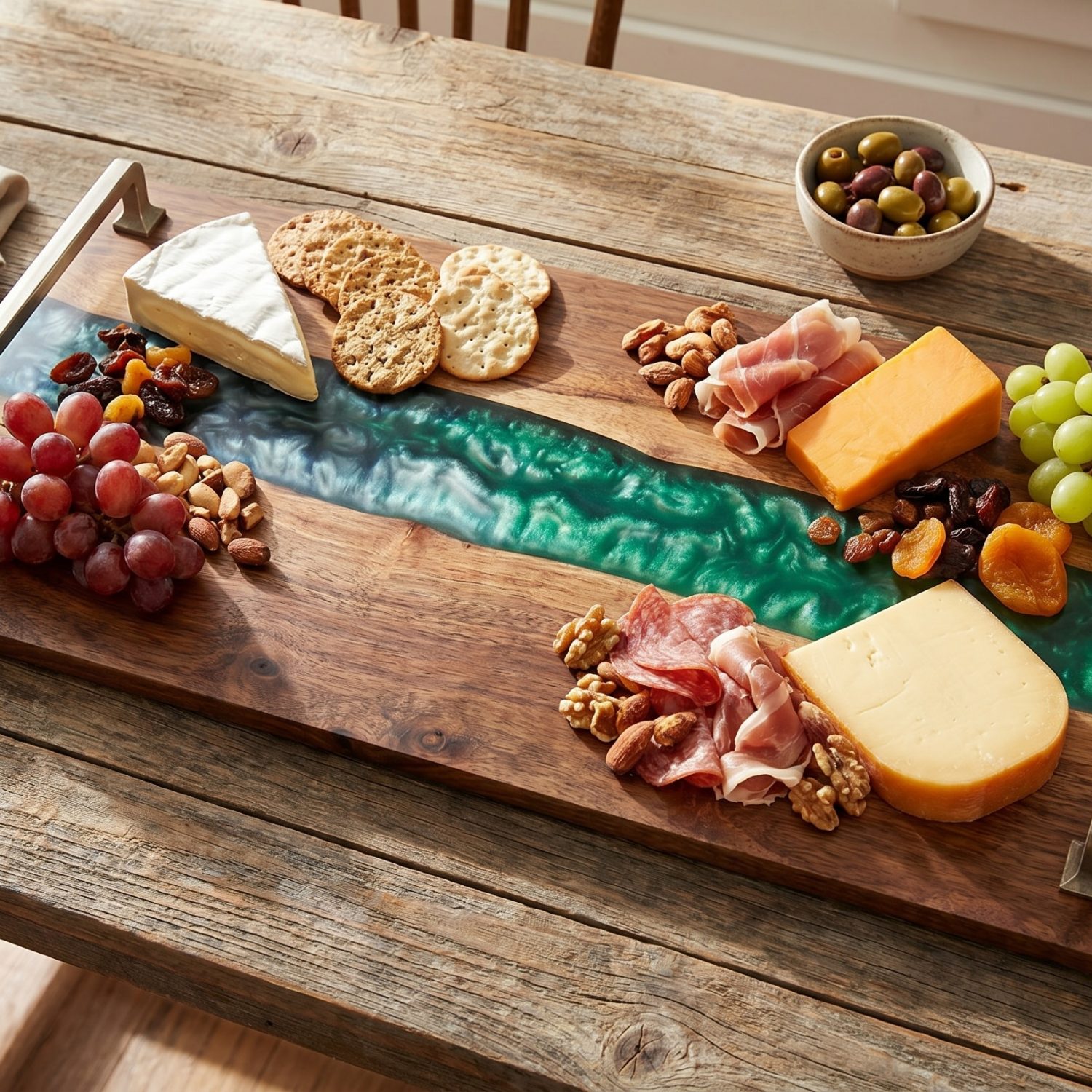 Custom epoxy river charcuterie board styled on rustic table for serving