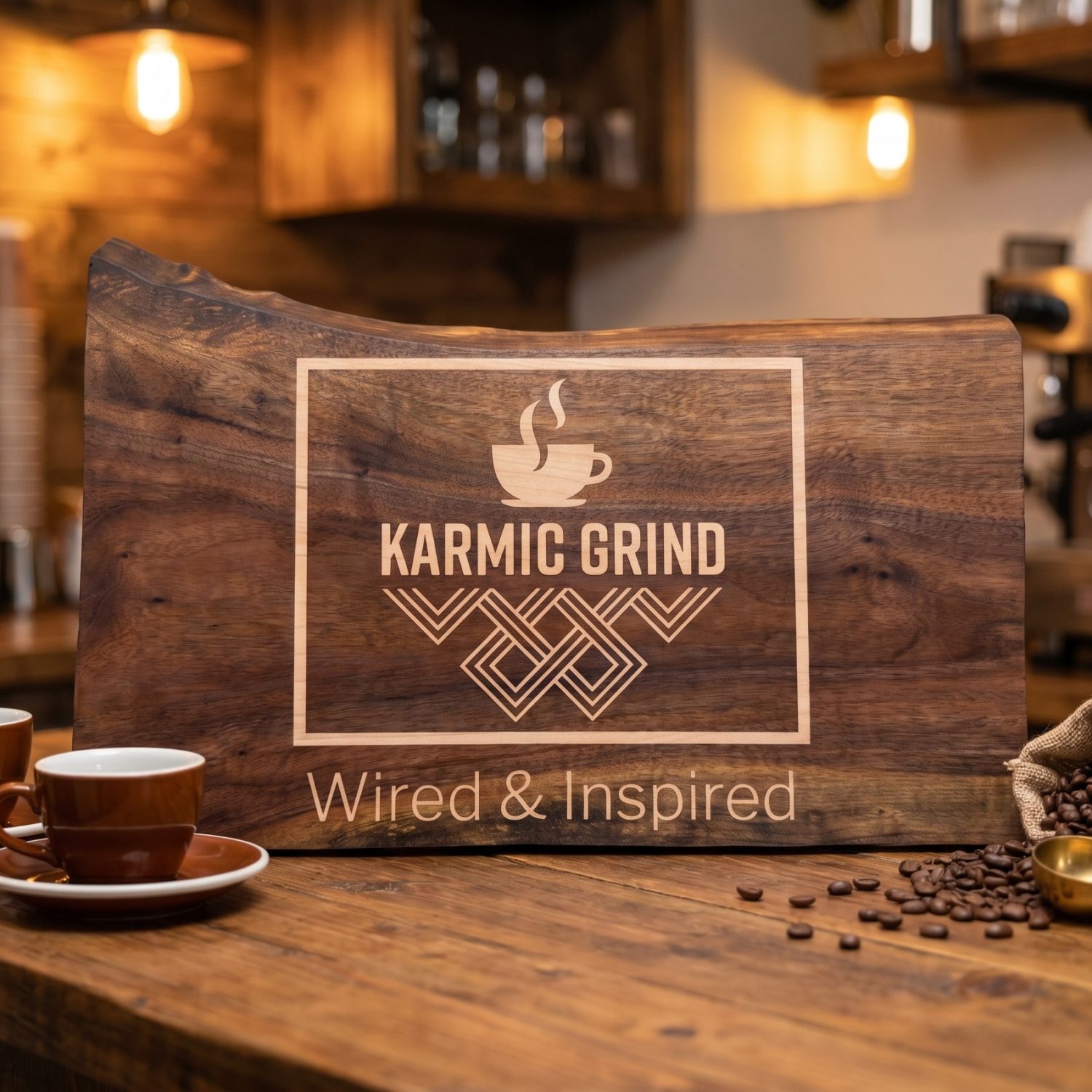 Custom wood sign in cafe setting with espresso machine and coffee beans