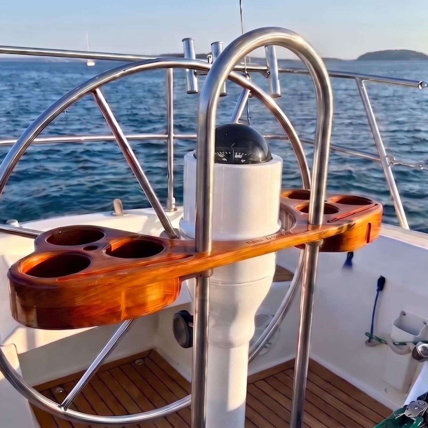 Finished teak helm console on sailboat at sea